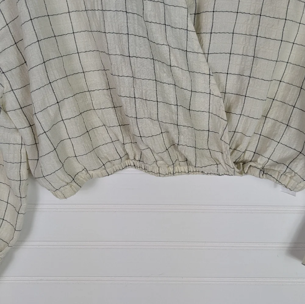 Zara S Cropped Ivory Windowpane Faux Wrap Collared  long Sleeve Blouse - Picture 5 of 7